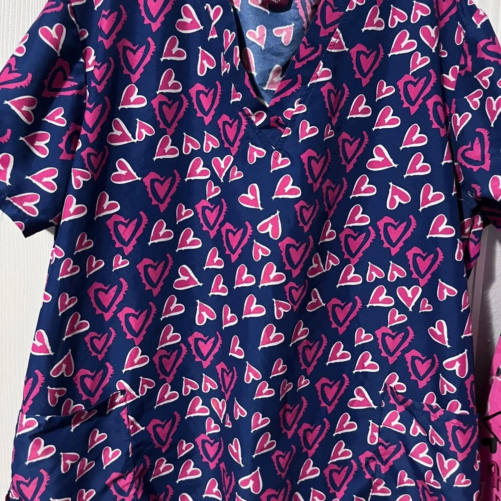 Heart Patterned Scrub Tops - Pink, Blue, set of 3 - Picture 10 of 14